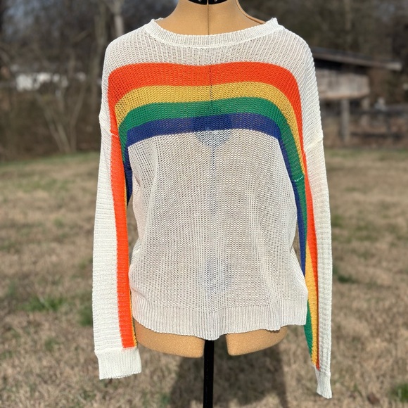Main Strip Sweaters - Rainbow sweater. Knit sweater. Rainbow sleeve sweater. Orange yellow green blue